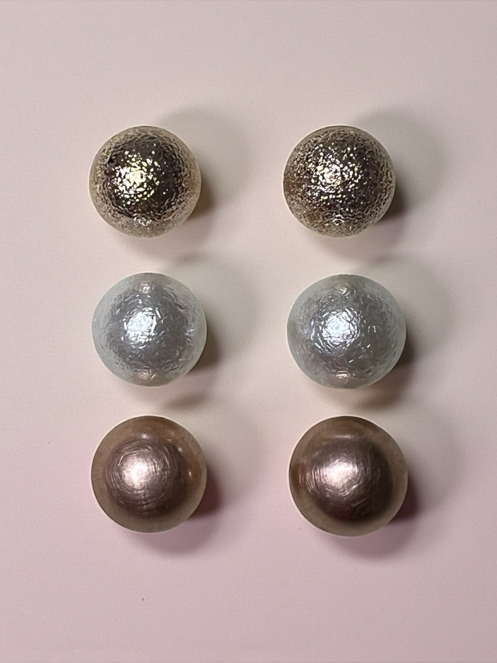 Set of Three Metallic Button Earrings - Gold, Silver, Taupe